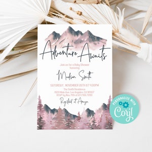 Editable Pink Adventure Awaits Baby Shower Invitation, Woodland Mountains Girl Baby Shower Invite Template