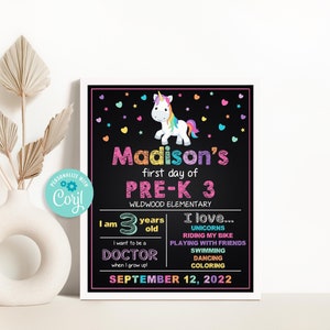 Unicorn 1st Day of Pre K Chalkboard Sign Editable First Day of School Sign Back to School Sign Template First Day of Kindergarten Sign
