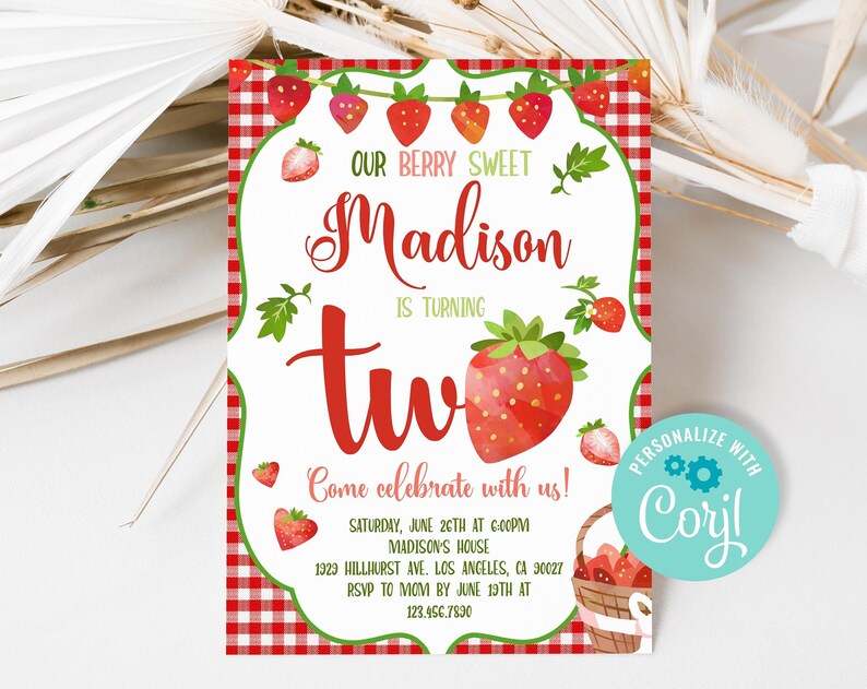 Editable Strawberry 2nd Birthday Invitation Strawberry Girl Birthday Party Invite Summer Sweet Berry Birthday Template