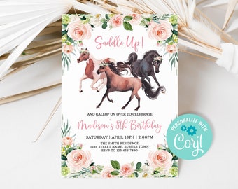 Editable Horse Birthday Invitation for Girl, Cowgirl Birthday Party Invite, Floral Horses Birthday Invitation Template