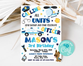 Editable Police Birthday Invitation, Police Officer Party Invite, Cop Birthday Template