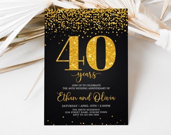 40th Wedding Anniversary Invitation, Gold 40th Anniversary Party Invite Editable Template