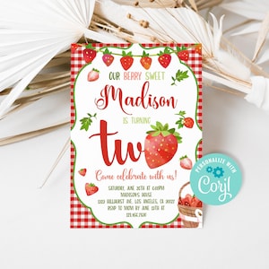 Editable Strawberry 2nd Birthday Invitation, Strawberry Girl Birthday Party Invite, Summer Sweet Berry Birthday Template