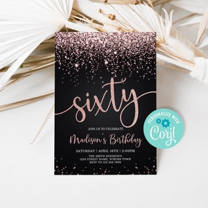 Editable Rose Gold 60th Birthday Invitation Template (Digital)