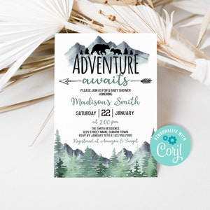 Editable Adventure Awaits Baby Shower Invitation, Woodland Bear Mountain Baby Shower Invite Template