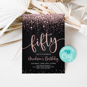 Rose Gold 50th Birthday Invitation Template (Editable)