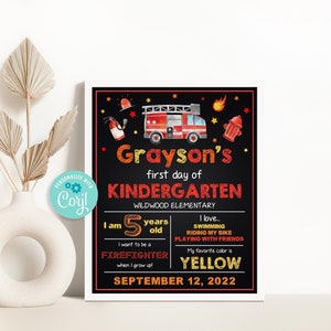 Firefighter 1st Day of Kindergarten Chalkboard Sign Editable Boy First Day of School Sign First Day of Preschool Sign Template Any Grade