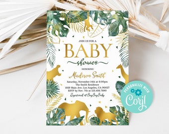 Editable Safari Baby Shower Invitation, Gold Jungle Animals Baby Shower Invite Template