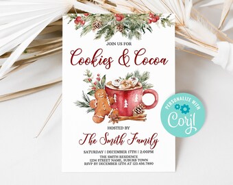 Editable Cookies and Cocoa Invitation, Christmas Cookie Party Invite, Holiday Hot Cocoa Party Invitation Printable Template