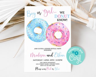 Editable Donut Gender Reveal Party Invitation, Boy or Girl Donut Baby Shower Invite Template