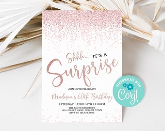 Editable Surprise Birthday Invitation for Women, Shhh It's a Surprise Birthday Party Invite, Rose Gold Birthday Party Template