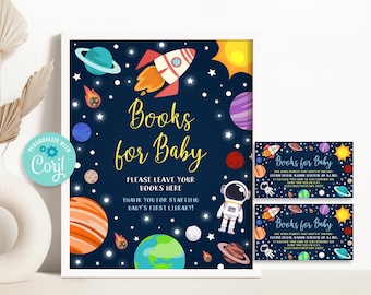 Bearbeitbare Weltraum Bücher für Baby Schild, Planeten Astronaut Bücher für Baby Karte, Galaxie Sonnensystem Baby Shower Zeichen