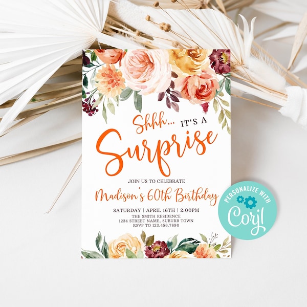 Editable Fall Surprise Birthday Invitation for Women, Shhh... It's A Surprise Birthday Party Invite, Orange Floral Birthday Party Template
