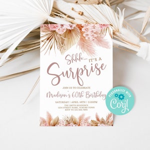 Editable Pampas Grass Surprise Birthday Invitation for Women Boho Surprise Party Invite Tropical Floral Birthday Party Template