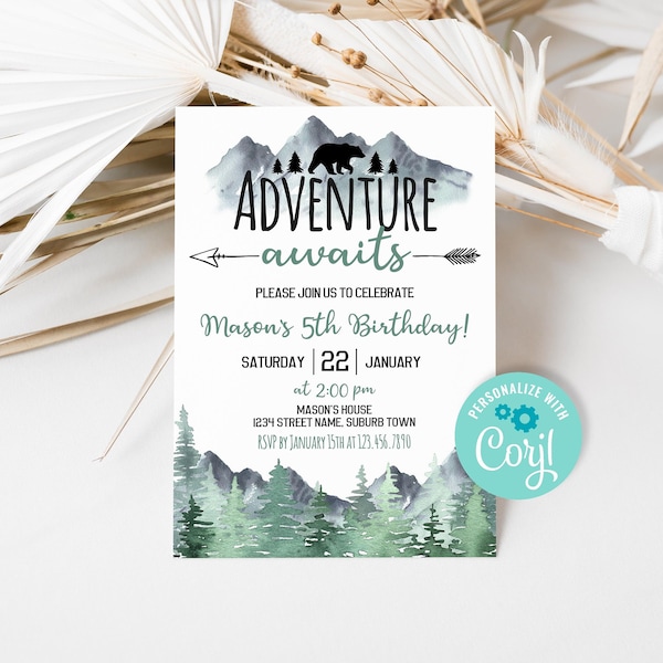 Editable Adventure Awaits Birthday Invitation, Woodland Bear Mountain Birthday Party Invite Template