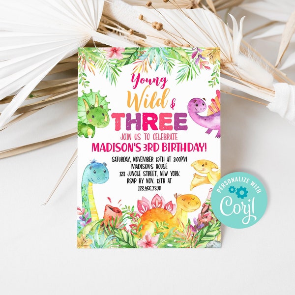 Editable Girl Dinosaurs Young Wild and Three Birthday Invitation, Pink Dino 3rd Birthday Party Invite Template