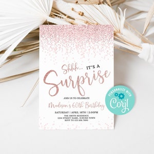Rose Gold Surprise Birthday Invitation Template (Editable, 5x7in)