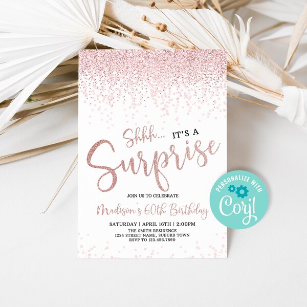 Rose Gold Surprise Birthday Invitation Template (Editable, 5x7in)
