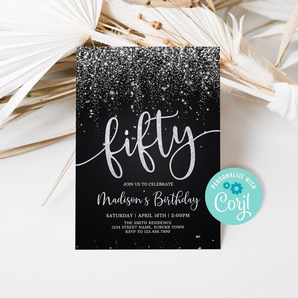 Editable Black and Silver 50th Birthday Invitation for Adult, Fifty Birthday Party Invite, Silver Glitter Birthday Party Invitation Template