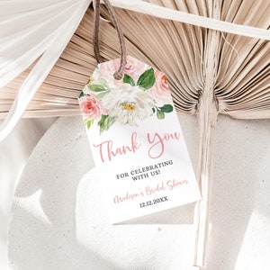 Editable Blush Floral Bridal Shower Favor Tag, Pink Flower Bridal ...