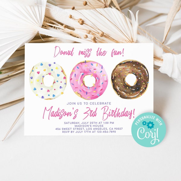 Editable Donut Birthday Invitation for Girl, Donut Birthday Party Invite Template