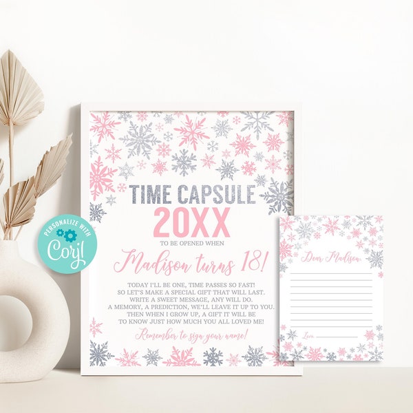 Winter Onederland Time Capsule Sign, Winter Onederland Birthday Girl Decorations, Pink Silver Snowflake Time Capsule Card Editable Template