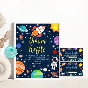Editable Outer Space Diaper Raffle Sign, Planets Astronaut Diaper Raffle Card, Galaxy Solar System Baby Shower Signs