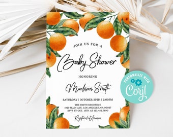 Editable Orange Baby Shower Invitation, Citrus Baby Shower Invite, Little Cutie Baby Shower Invitation Digital Download