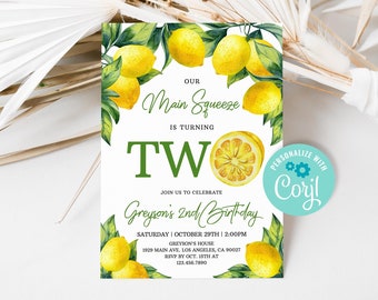 Editable Lemon 2nd Birthday Invitation, Our Main Squeeze Invite, Citrus Lemonade Birthday Invitation