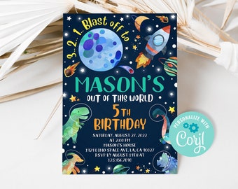 May include: A blue and black space-themed birthday party invitation with a rocket, stars, and planets. The text reads "3-2-1 Blast off to Mason's Out of This World 5th Birthday" with details for the party. The invitation is personalized with "Corj".