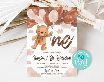 Editable Teddy Bear 1st Birthday Invitation, Boy Beary 1st Birthday Party Invite, Brown Balloon Bear Invitation Template