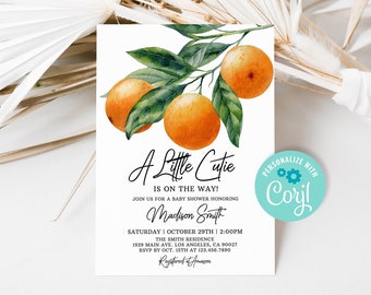 Editable A Little Cutie Baby Shower Invitation, Orange Baby Shower Invite Template, Citrus Baby Shower Invitation Digital Download