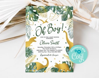 Editable Dinosaurs Boy Baby Shower Invitation, Gold Dinosaur Boy Baby Shower Invite