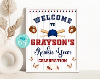 Editable Baseball Birthday Welcome Sign, Rookie Of The Year Party Decor Template