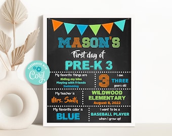 1st Day of Pre-K Chalkboard Sign, Editable First Day of School Sign, Boy Back to School Sign Template, Any Grade