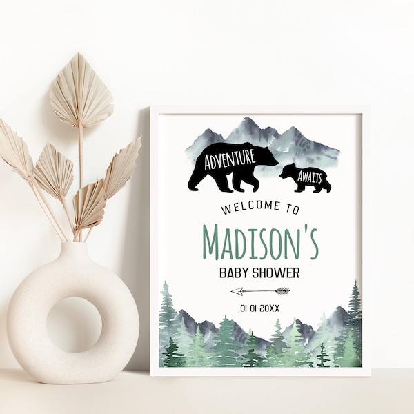 Adventure Awaits Baby Shower Welcome Sign Editable, Woodland Bear Mountain Gender Neutral Baby Shower Party Decor Template