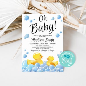 Rubber Duck Baby Shower Invitation, Rubber Ducky Baby Shower Invite Editable Template