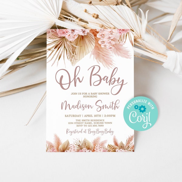 Editable Pampas Grass Baby Shower Invitation, Bohemian Baby Shower Invite, Boho Tropical Desert Baby Shower Template