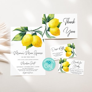 Lemon Baby Shower Invitation Set Editable, Citrus Lemonade Baby Shower Bundle, Diaper Raffle Card, Book Request Card, Mama's Main Squeeze