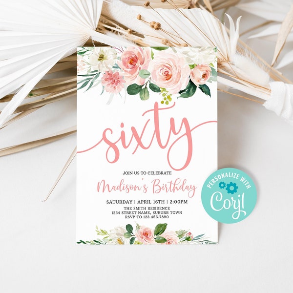 Editable Blush Floral 60th Birthday Invitation for Women Sixty Birthday Party Invite Pink Flower Birthday Party Template