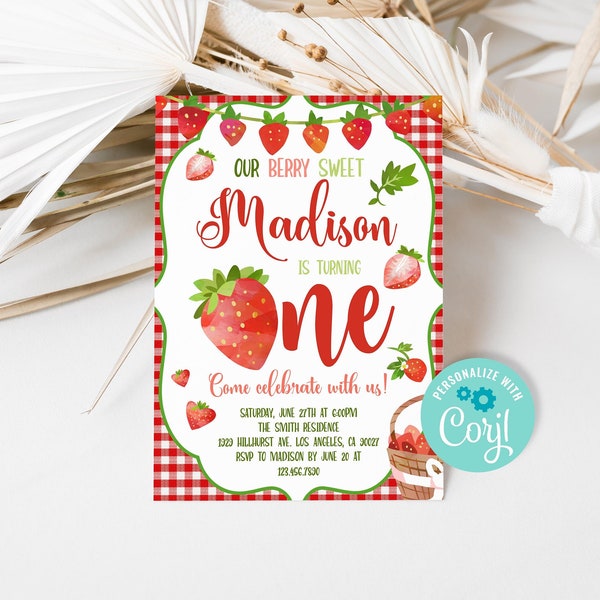 Editable Strawberry 1st Birthday Invitation, Strawberry First Birthday Party Invite, Summer Sweet Berry Birthday Template