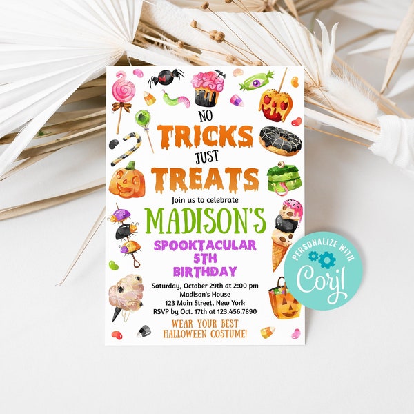 Editable No Tricks Just Treats Halloween Birthday Invitation, Spooktacular Party Invite Template