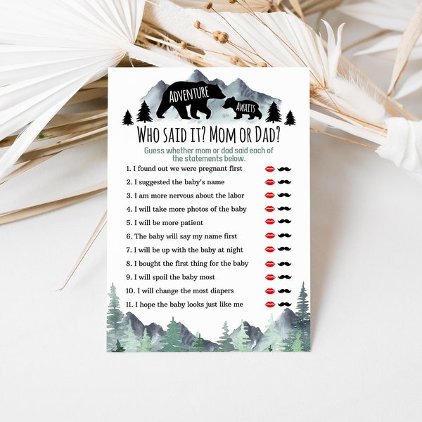 Adventure Awaits Baby Shower Who Said It Mom or Dad Game, Mountains Baby Shower Games, Woodland Bear Baby Shower Activities