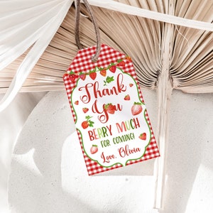 Strawberry Birthday Favor Tag: Berry Sweet Thank You (Editable Template)