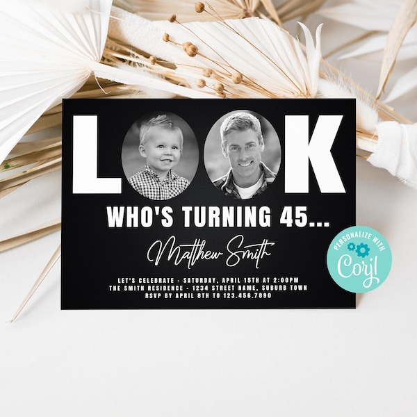 Men's 45th Birthday Invitation: Black & White Photo, Editable Template