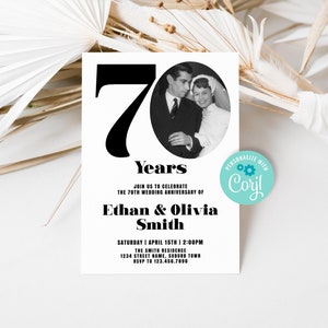 70th Wedding Anniversary Invitation, Black and White 70th Anniversary Party Invite with Photo Editable Template