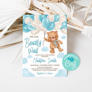 Teddy Bear Baby Shower Invitation: Blue Watercolor (Digital Download 5x7&quot; Template)