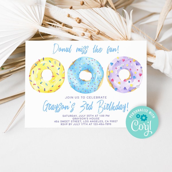 Editable Donut Birthday Invitation for Boy, Donut Birthday Party Invite Template