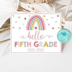 Hello 5th Grade Sign, Boho Rainbow First Day of Fifth Grade Sign, Editable Back to School Sign