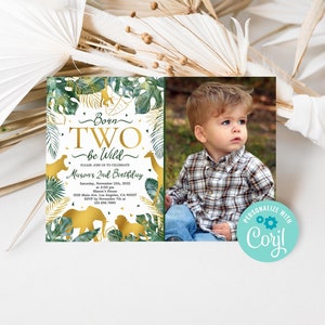 Jungle 2nd Birthday Invitation: Safari Animals, Gold (Editable Template)